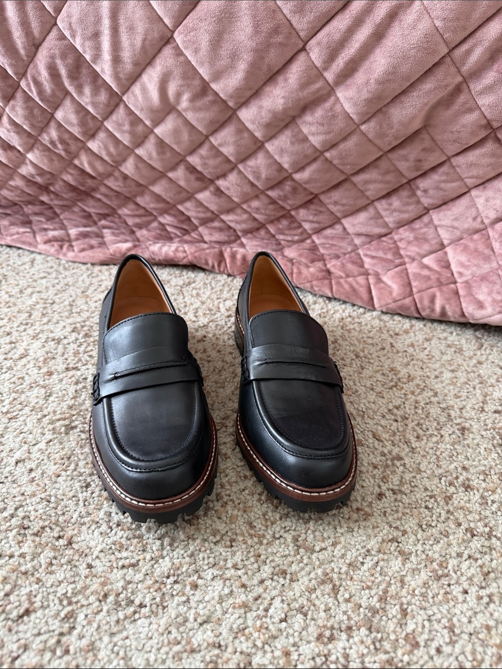 Madewell Black Leather Penny Loafers with Brown Welt
